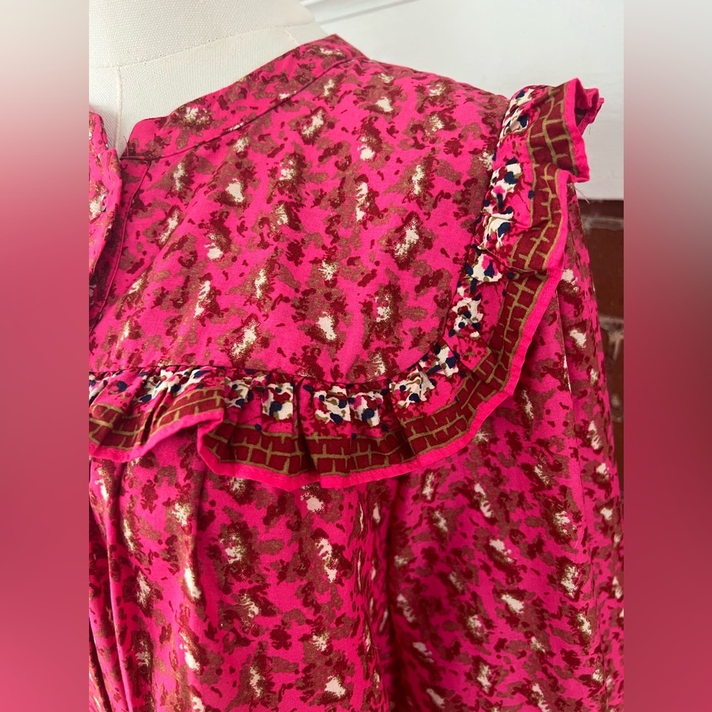 Joie Floral Peasant Blouse Fuchsia Ruffled Button Down Prairie Shirt Deep Pink - Picture 8 of 15